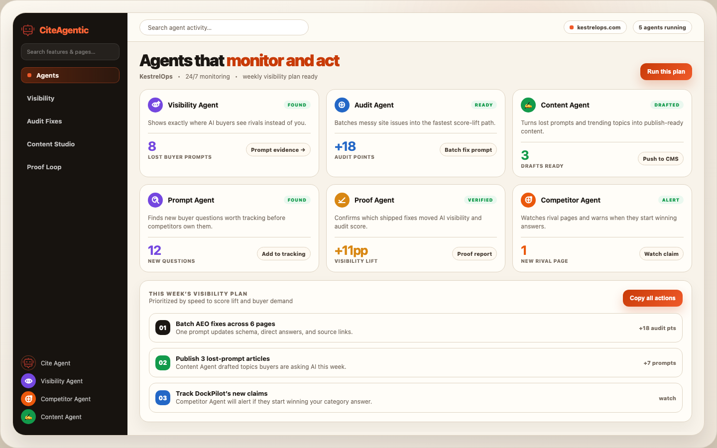 CiteAgentic agent dashboard showing specialist agents and a weekly visibility plan