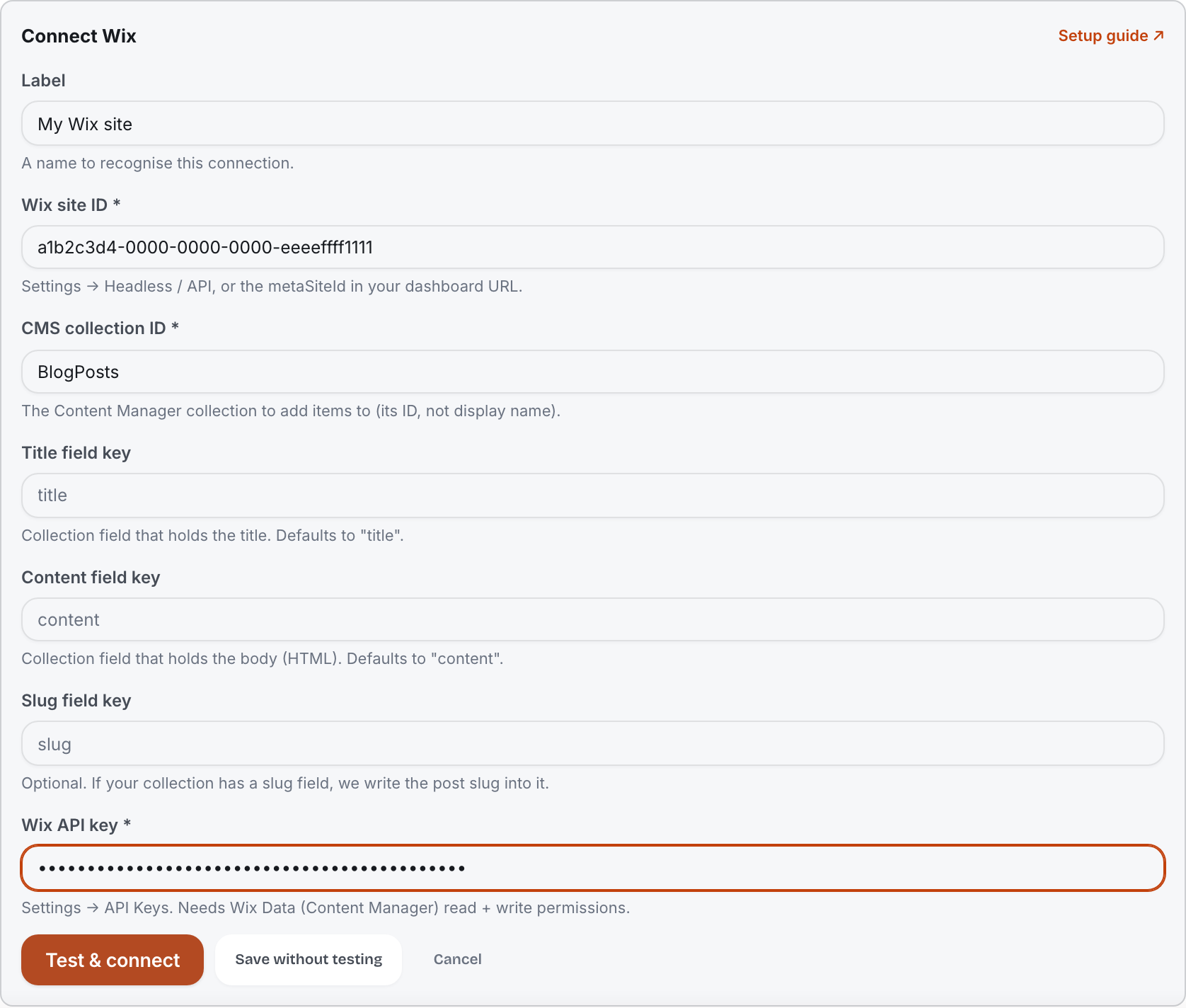 The Connect Wix form in CiteAgentic Site Settings, showing Label, Wix site ID, CMS collection ID, Title field key, Content field key, Slug field key and Wix API key fields, with Test and connect and Save without testing buttons